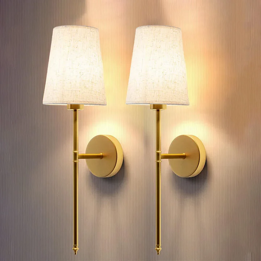 Set of 2 wireless fabric wall lights with bulbs. Battery-operated sconces for easy home decor.