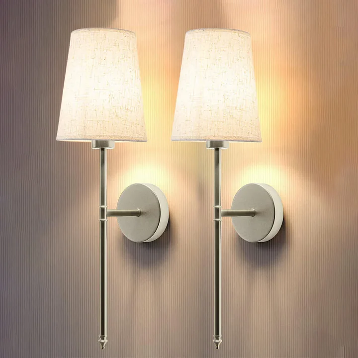 Vintage-style set of 2 wireless fabric wall lights with included bulbs. Elegant home decor sconces.
