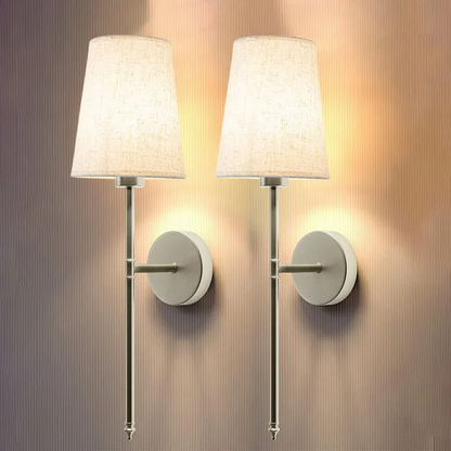 Vintage-style set of 2 wireless fabric wall lights with included bulbs. Elegant home decor sconces.