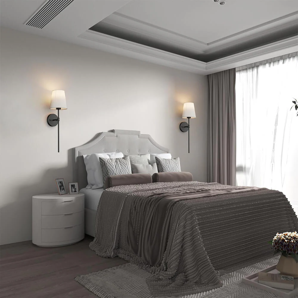Decorative set of 2 wireless fabric wall sconces, perfect for creating cozy ambiance in any living space.