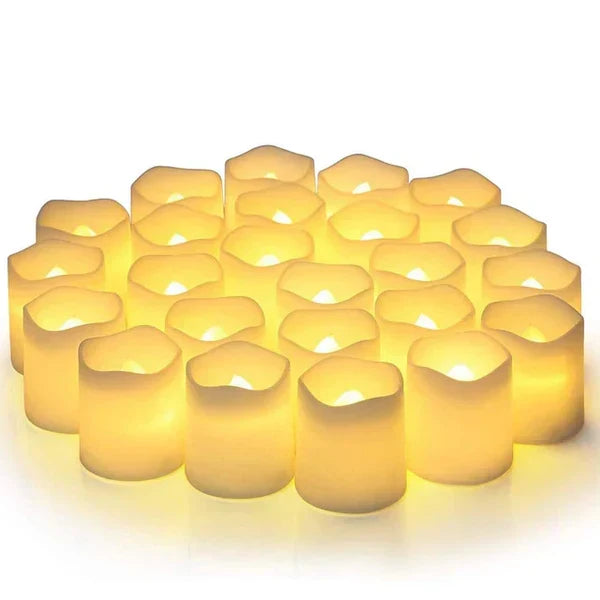 Elegant set of 24 flameless LED candles, ideal for romantic wedding ambiance or charming party decorations.
