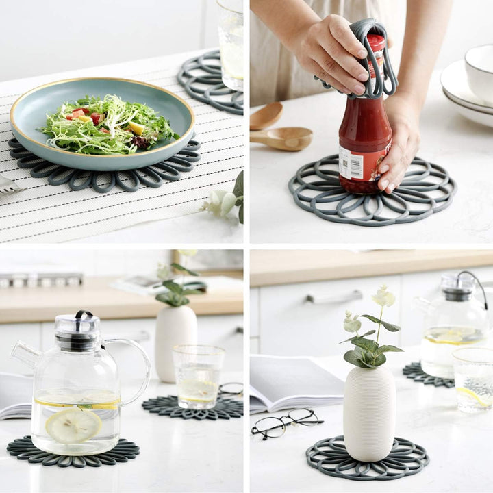 Set of 3 silicone heat resistant trivets, durable kitchen & home decor solution.