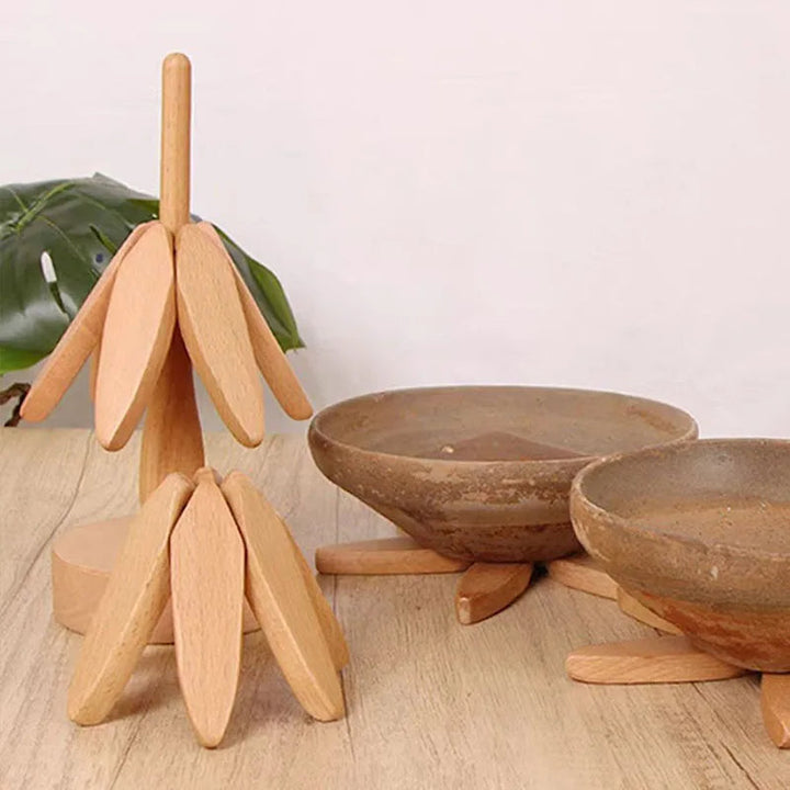 Complete 4-piece set of decorative wooden coasters & trivets. Heat-resistant table mats for elegant dining decor.