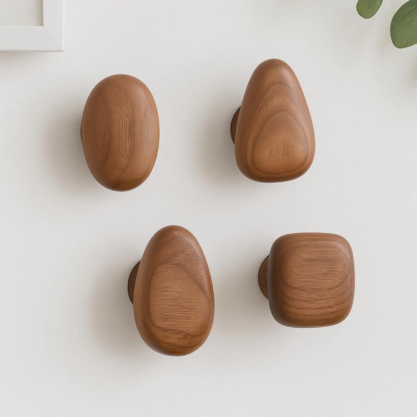 Unisex organic pebble wooden hooks, a set of 4 for stylish home organization & entryway decor.