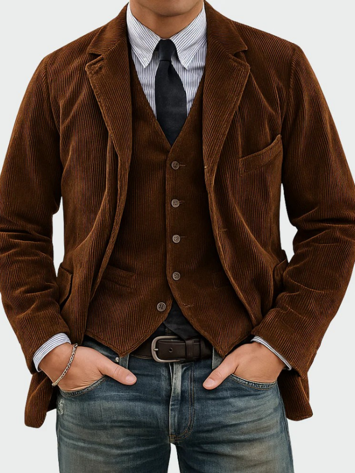 Sophisticated men's tailored suit. Two-piece blazer & vest in premium fabric for a polished formal look.