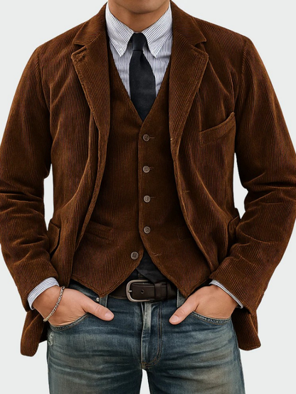 Sophisticated men's tailored suit. Two-piece blazer & vest in premium fabric for a polished formal look.