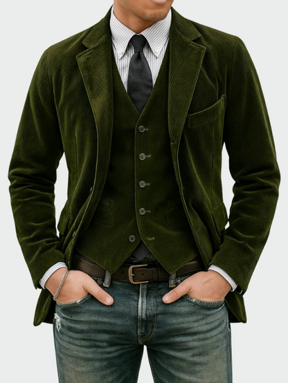 Men's formal wear: two-piece blazer & vest suit. Ideal for business meetings, weddings & professional events.