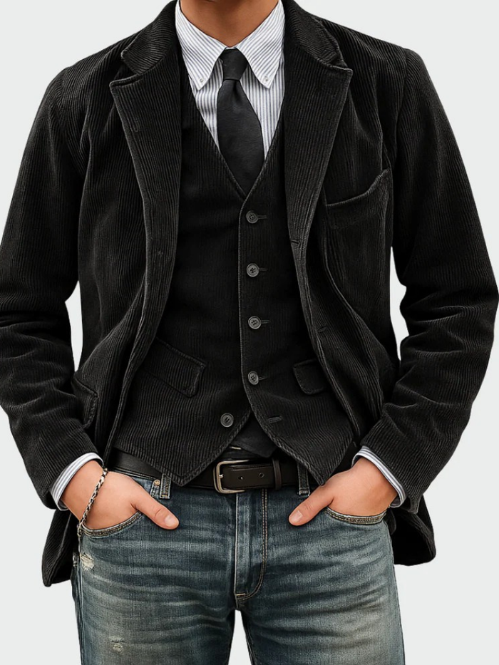 Elegant men's two-piece suit. Includes a sharp blazer & a stylish vest, perfect for sophisticated menswear.