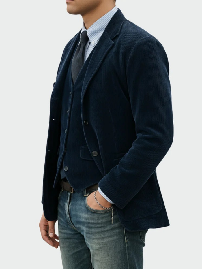 Full shot of a man wearing a professional two-piece suit: a sharp blazer & a fitted vest. Business casual.