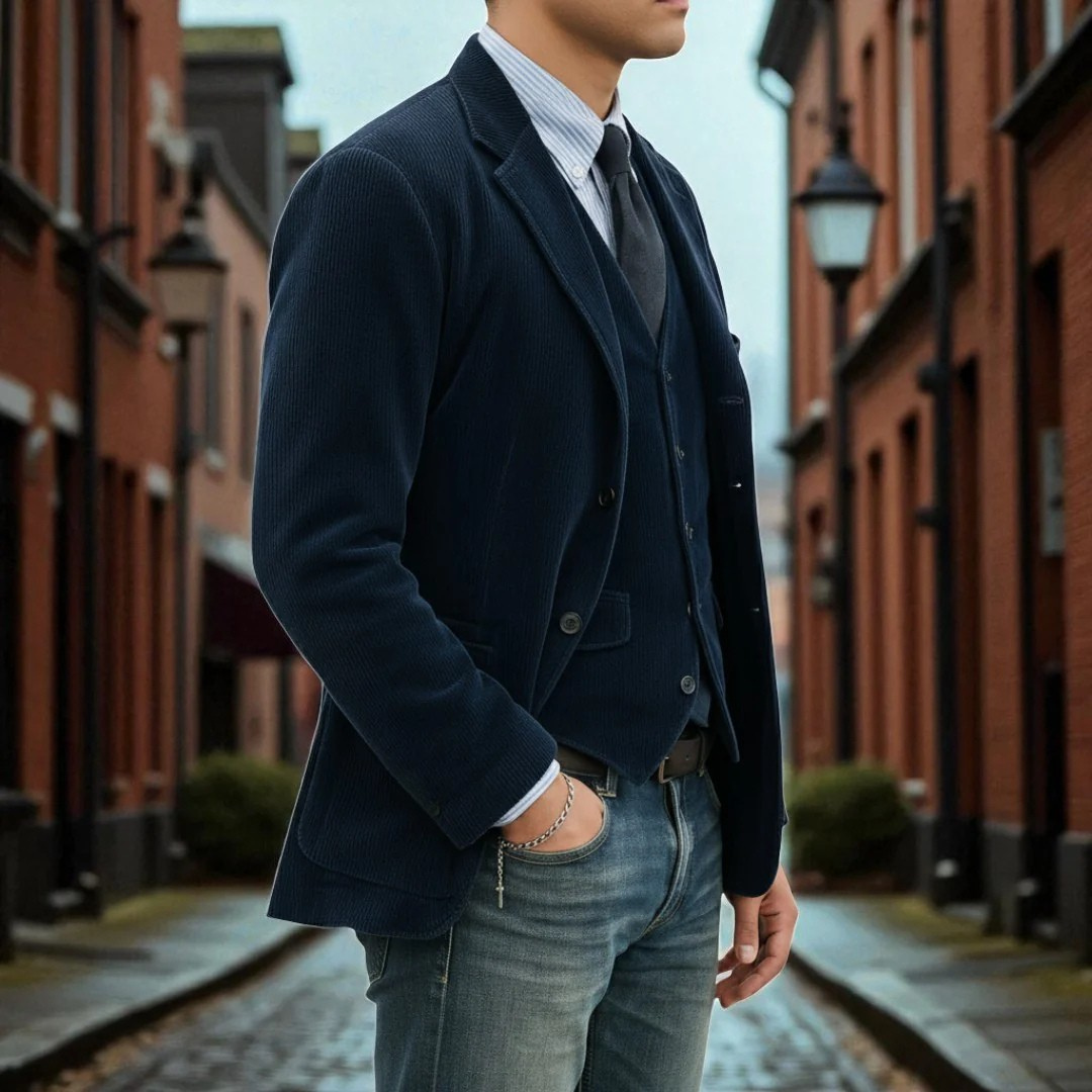 Modern men's two-piece suit, featuring a stylish blazer & vest. Versatile for formal and business casual events.
