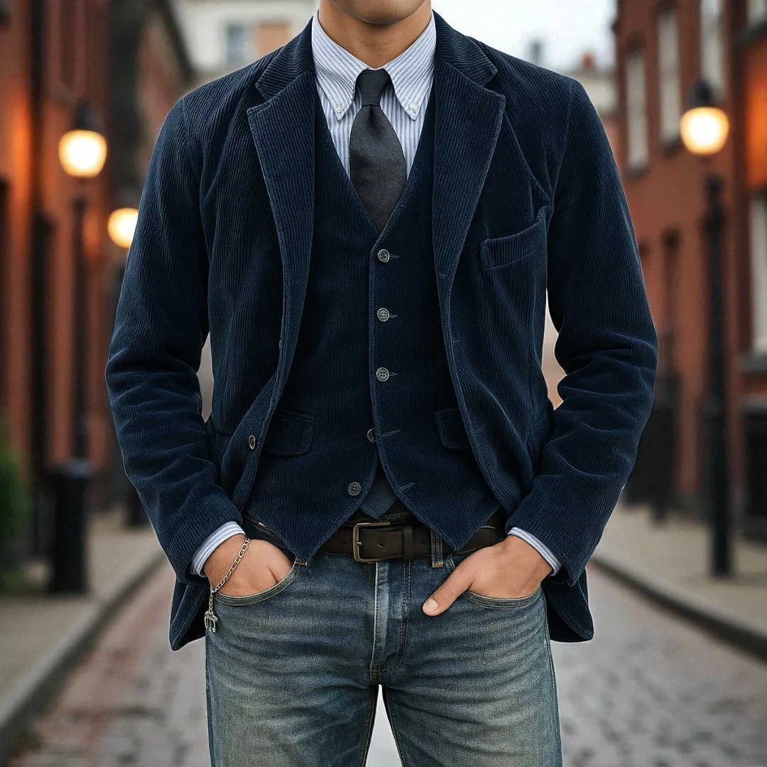 Tailored men's two-piece suit: professional blazer & vest. A sophisticated ensemble for any formal occasion.