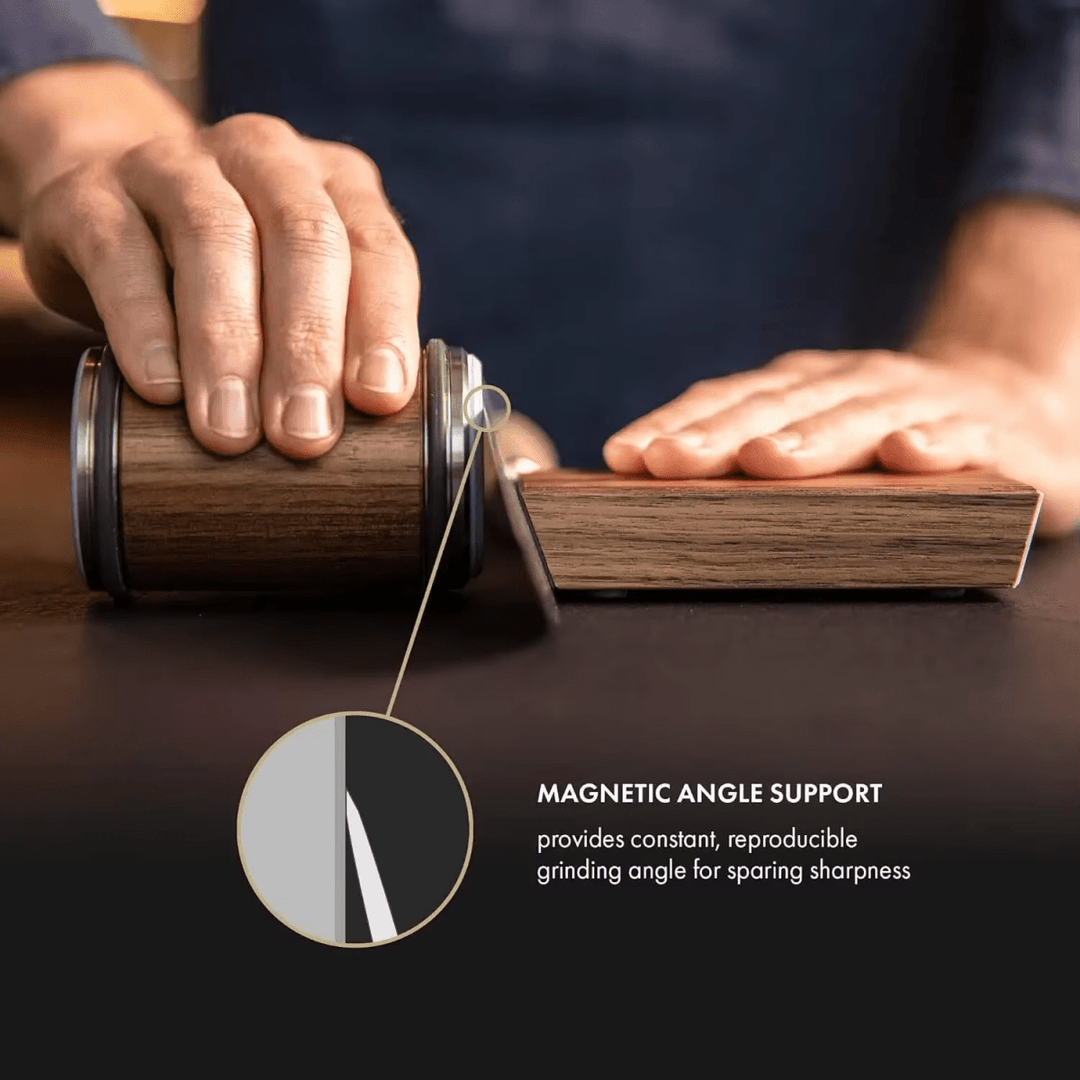SHARPEDGE rolling knife sharpener with magnetic guide for professional, precise blade sharpening.