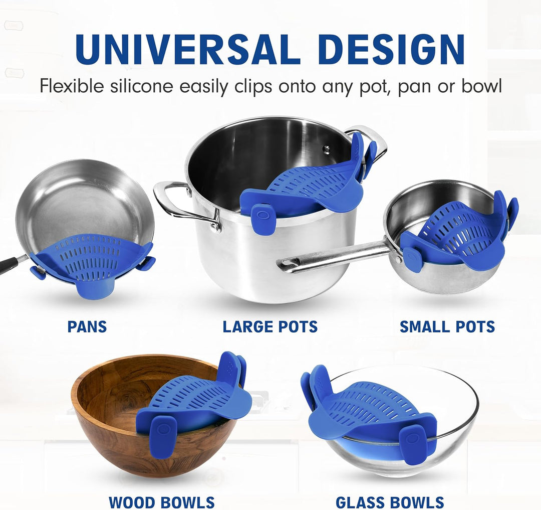 Flexible silicone clip-on pasta & vegetable strainer, a space-saving, easy-to-use kitchen gadget.