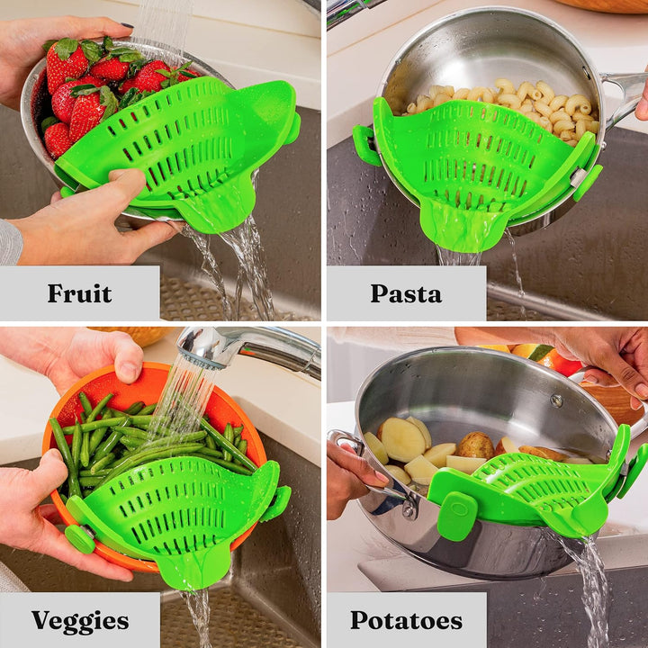 Durable silicone clip-on colander for draining noodles & washing greens, an essential cooking aid.