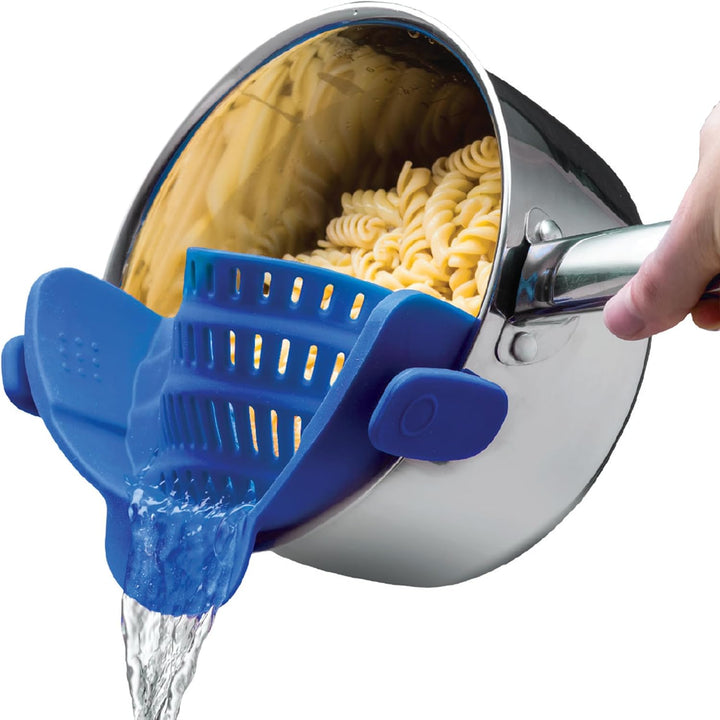 Flexible silicone colander, clips onto pots for easy pasta draining & vegetable rinsing.