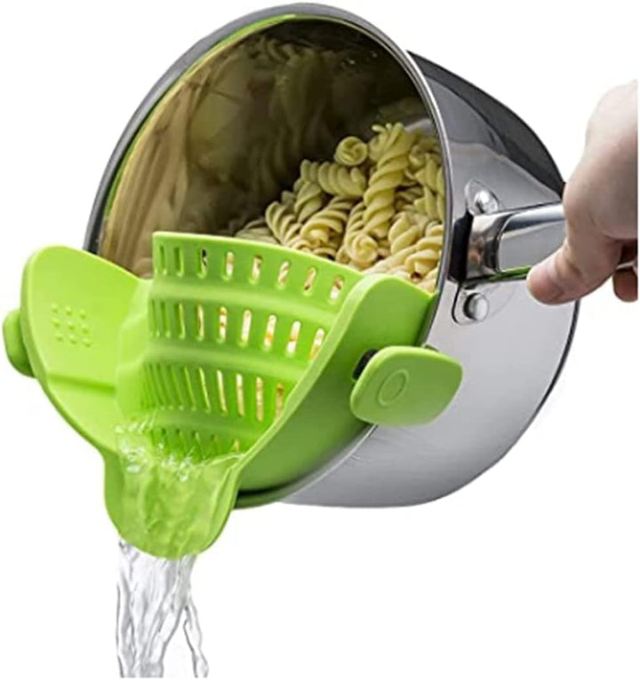Heat-resistant clip-on strainer, perfect for effortless draining of hot pasta & cooked veggies.