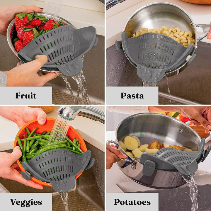 Versatile kitchen strainer, silicone, attaches to pots for hands-free meal preparation.