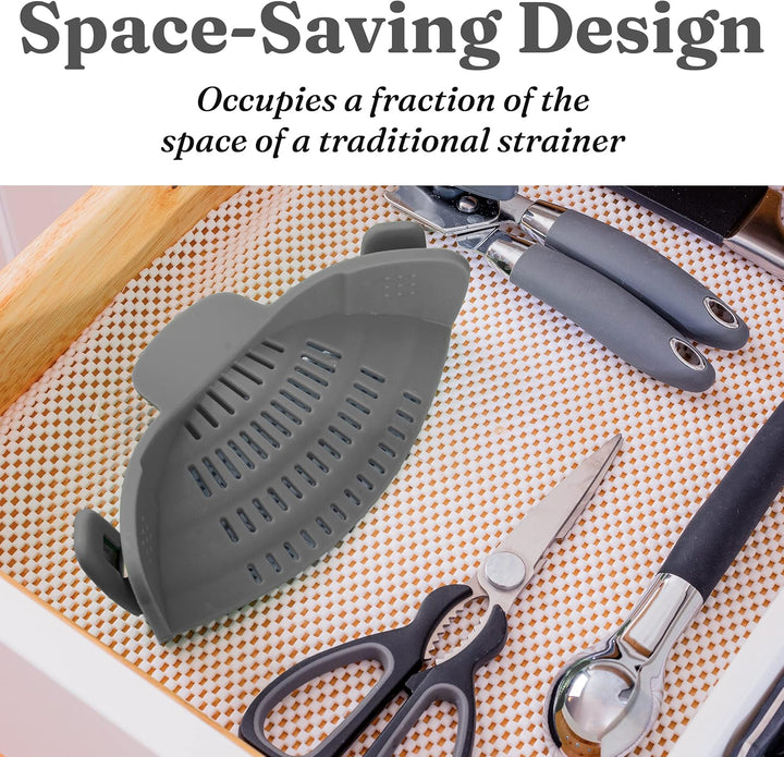 Space-saving clip-on colander, durable silicone for draining pasta, fruit, and vegetables.