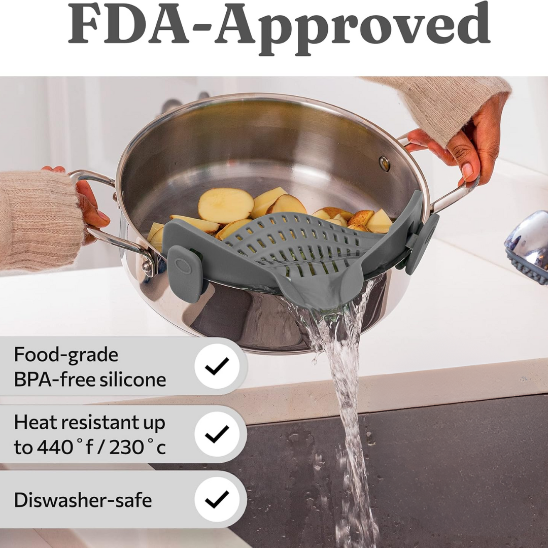Easy-clean silicone clip-on pasta drainer, heat-safe for hot liquids and foods.