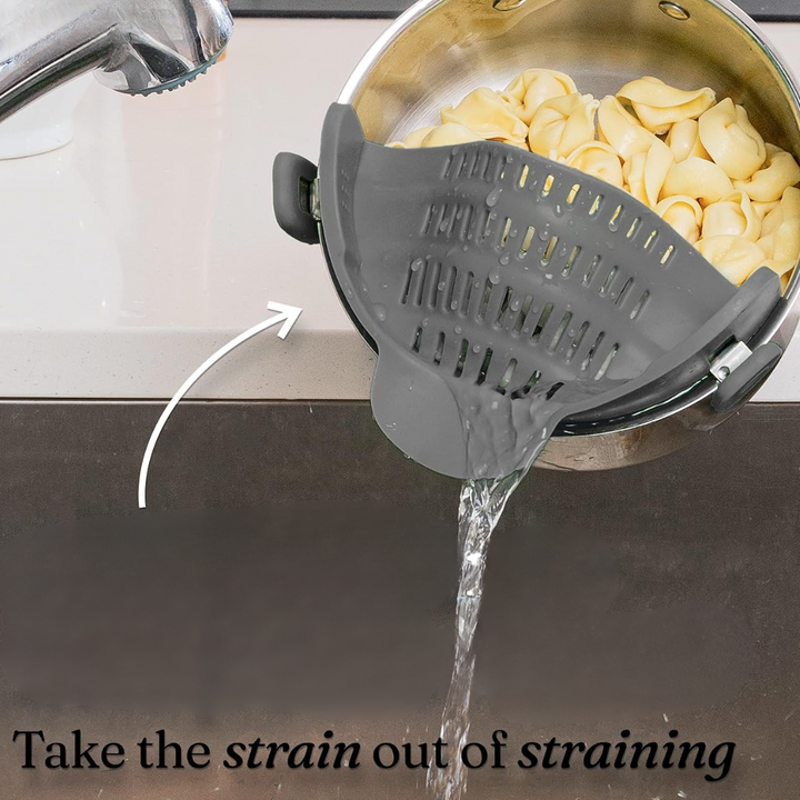 Hands-free kitchen accessory: silicone clip-on strainer for efficient vegetable & pasta draining.