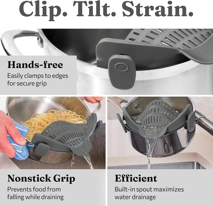 Compact silicone colander, clips on pots to strain pasta & rinse produce, essential cooking tool.