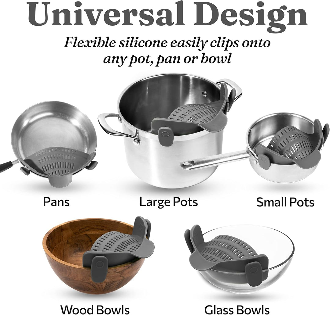 Innovative clip-on strainer, silicone, heat-resistant, simplifies draining in any home kitchen.