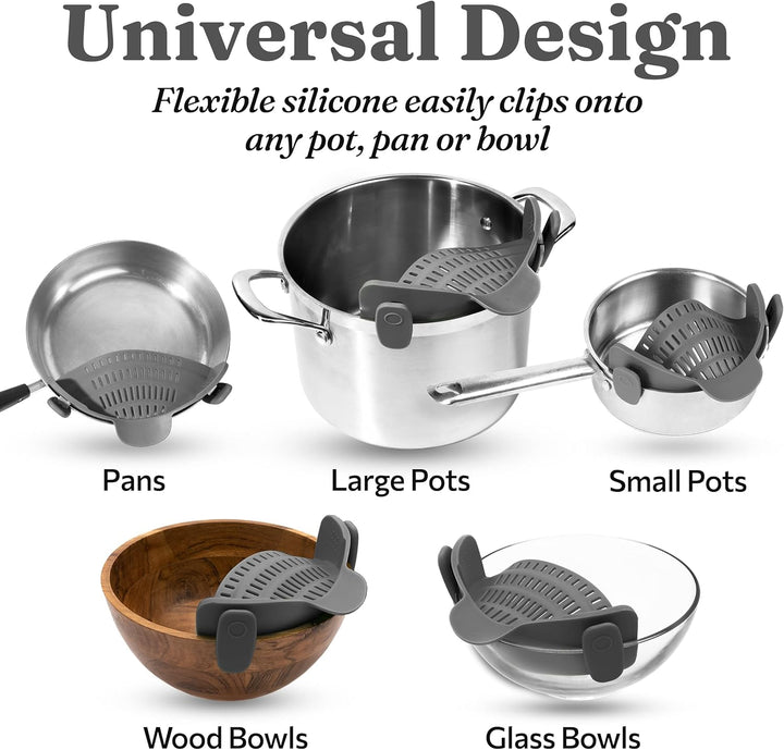 Innovative clip-on strainer, silicone, heat-resistant, simplifies draining in any home kitchen.
