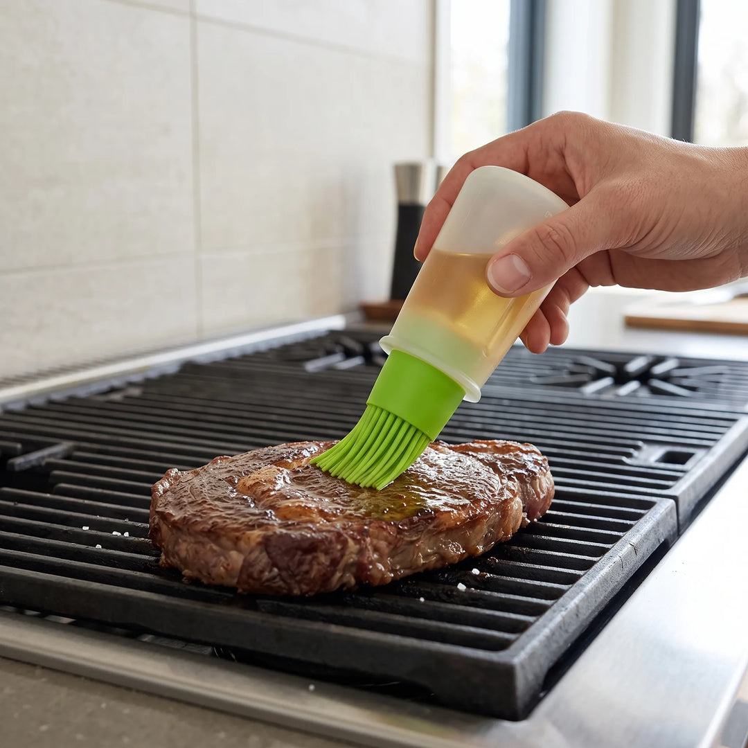 Silicone pastry brush with oil dispenser for easy baking, glazing pastries, and applying marinades.