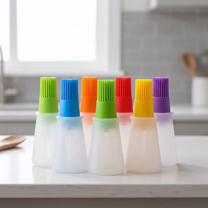 Kitchen dispensing basting brush for grilling BBQ, roasting meats, and applying sauces smoothly.