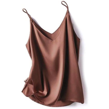 Comfortable sleeveless silky tank top for women, ideal for layering or wearing solo with its smooth feel.
