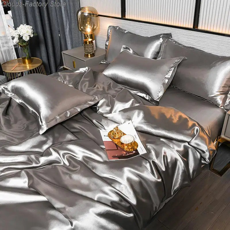 Silky soft satin duvet cover set, luxurious plain bedding for elegant bedroom decor & comfortable sleep.