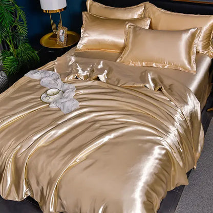 Soft silky satin duvet cover set, elegant solid color textile for a luxurious and comfortable bedroom.