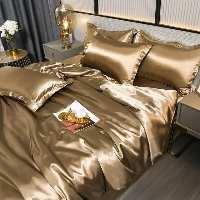 Comfortable luxury satin duvet cover set, silky soft solid color bedding for peaceful bedroom oasis.