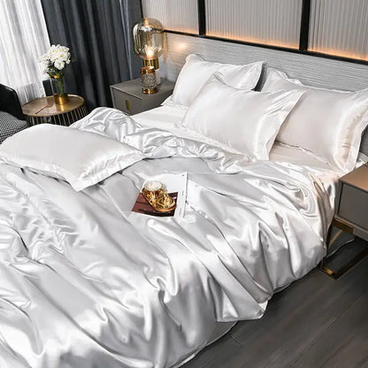 Elegant silky soft satin duvet cover set, luxurious plain bedding for stylish bedroom decor and sleep.
