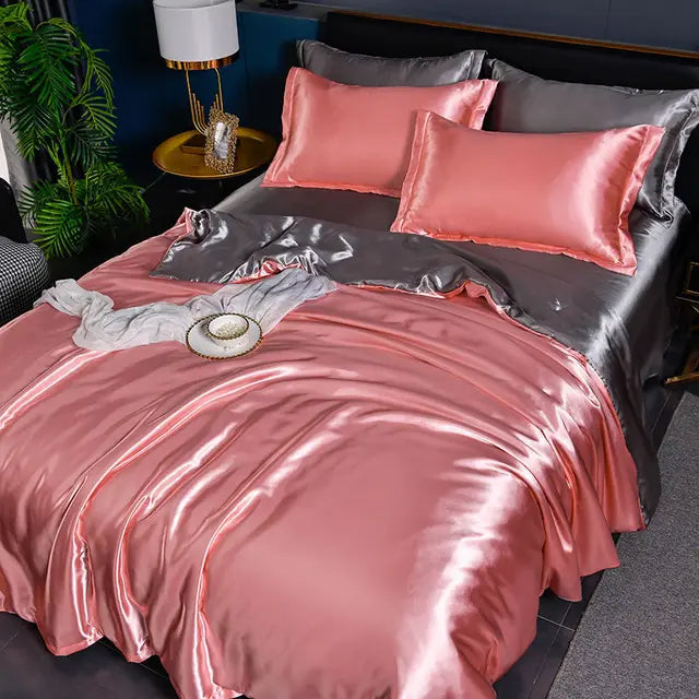 Luxurious solid color satin duvet cover set, silky soft plain bedding for a cozy and elegant bedroom.