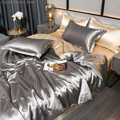 Plain silky soft satin duvet cover set. Elegant luxury bedding for comfortable bedroom textile sleep.