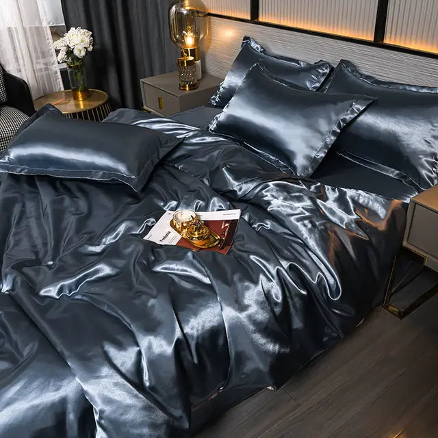 Elegant luxury satin duvet cover set in solid color, offering silky soft comfort for a stylish bedroom.