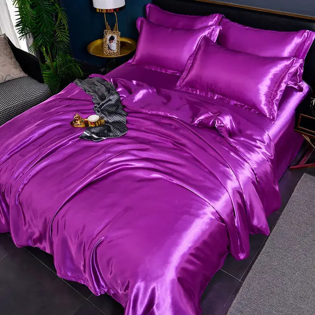 High-quality silky satin duvet cover set for luxurious bedroom decor. Soft solid color bedding comfort.