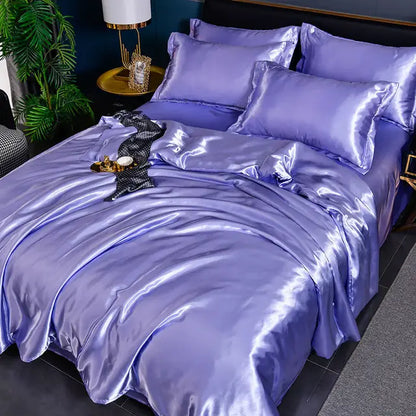 Luxurious plain satin duvet cover set. Silky soft bedding textile for elegant bedroom comfort and sleep.