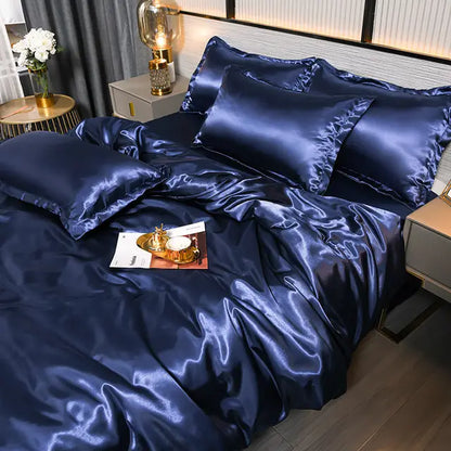 Silky smooth satin duvet cover set, elegant solid color bedding for luxury bedroom home decor comfort.