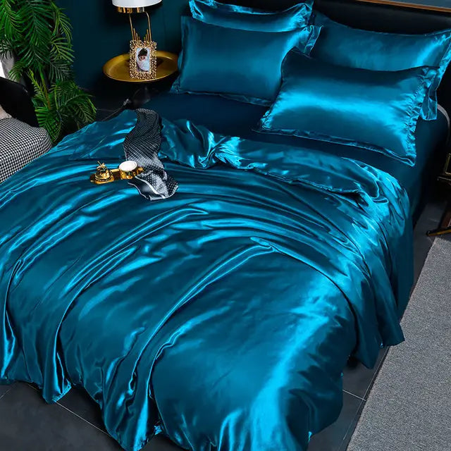 Elegant solid color satin duvet cover set. Silky soft luxury bedding for modern bedroom home decor.