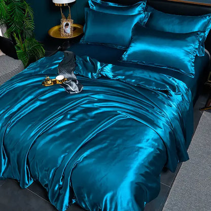 Elegant solid color satin duvet cover set. Silky soft luxury bedding for modern bedroom home decor.