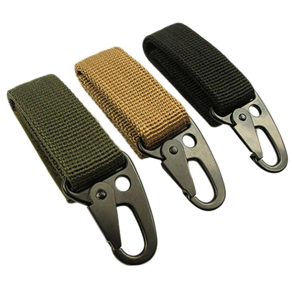 Silver tactical carabiner hook attached to a backpack, ideal for outdoor gear & camping.