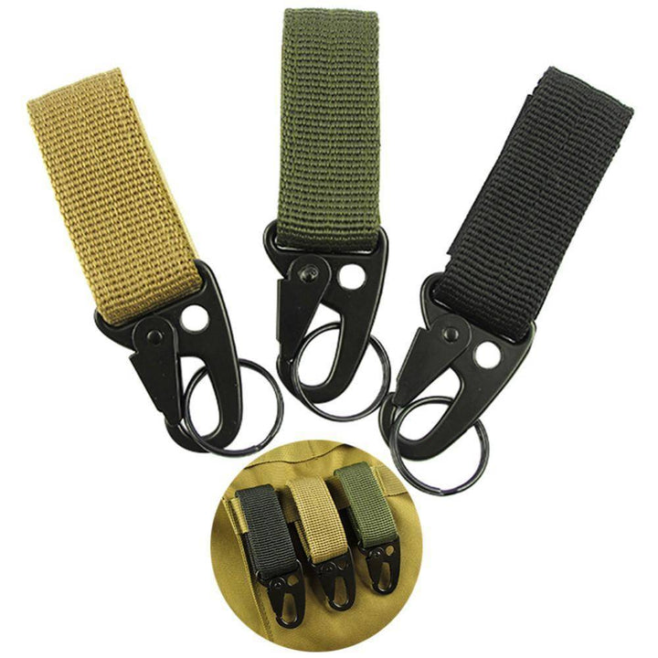 Close-up of a sturdy D-ring carabiner hook, great for keychain or outdoor gear organization.