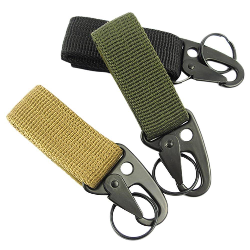 Molle compatible carabiner hook in military green, excellent for survival and hiking gear.