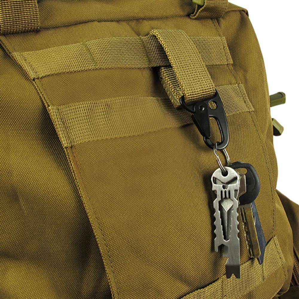 Set of multi-purpose carabiner hooks, essential durable outdoor gear for camping & tactical use.