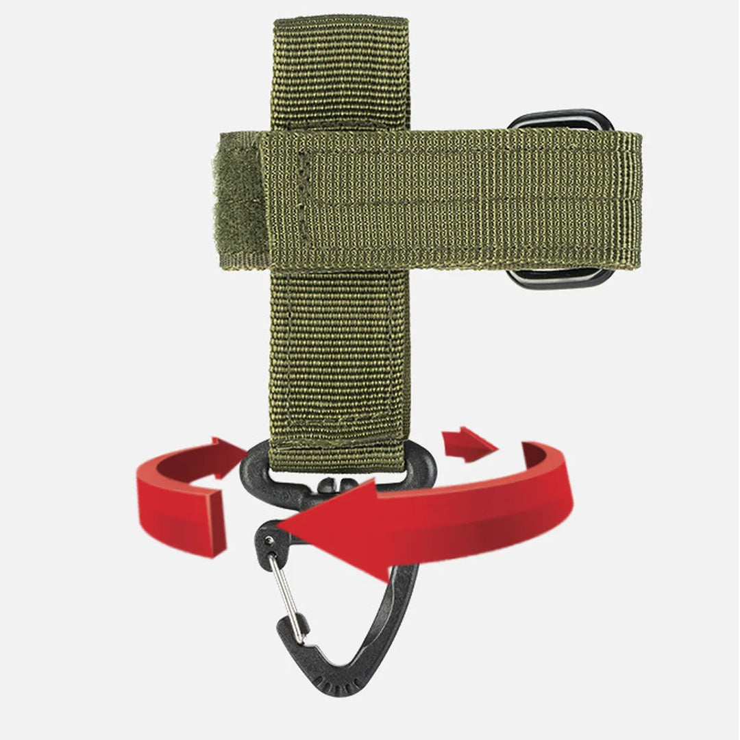 Green tactical glove holder clip attached to a backpack, showing its utility as a gear organizer and hiking accessory.