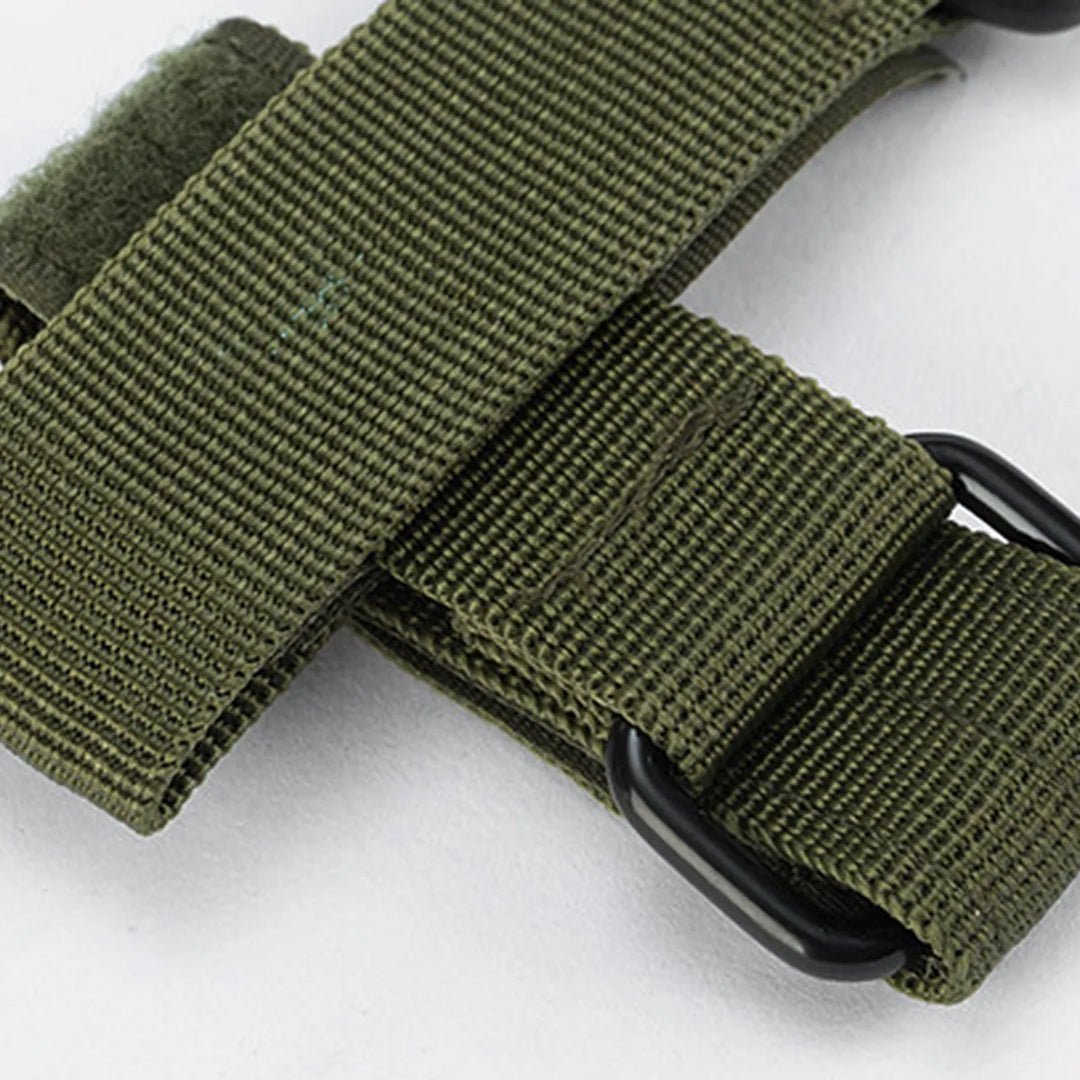 Blue tactical clip holding work gloves, demonstrating its strong grip and versatility for hiking & biking gear.