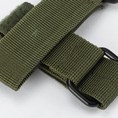 Blue tactical clip holding work gloves, demonstrating its strong grip and versatility for hiking & biking gear.