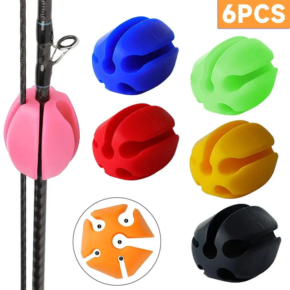 Six silicone fishing rod holder straps in various colors, ideal for tangle-free rod protection and storage.